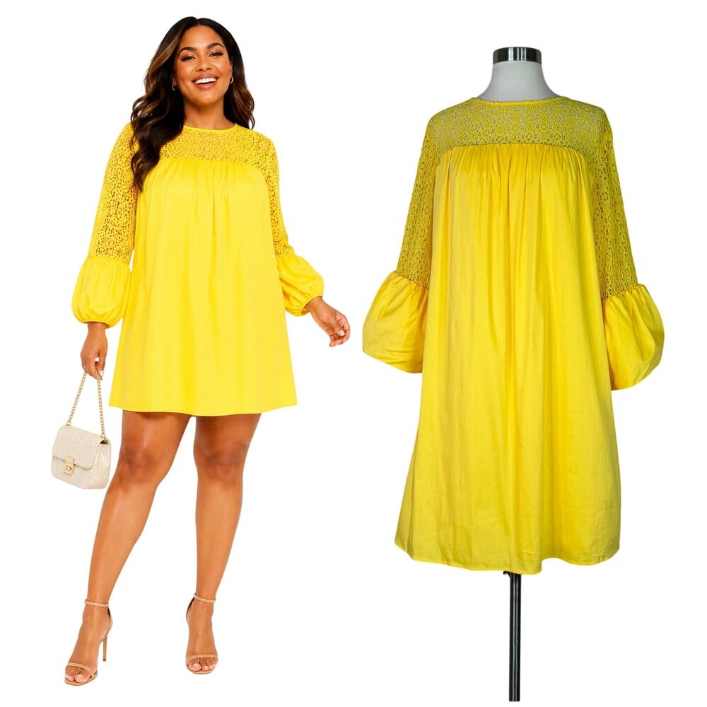 Draper James x ELOQUII | Yellow Lace Bell Sleeve Preppy Plus Size Shift Dress 18